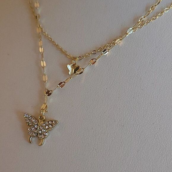 Butterfly choker necklace pendant multi strand Gold tone - Picture 1 of 6